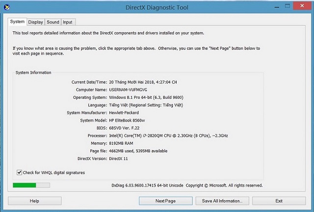 Cửa sổ DirectX Diagnostic Tool
